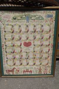 lot 181 image: Framed Vintage Wedding Quilt Pattern Artwork with Names