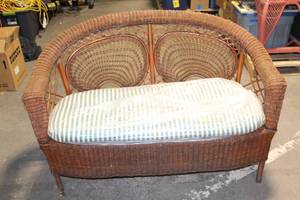 lot 182Y image: Vintage Wicker Loveseat with Striped Cushion