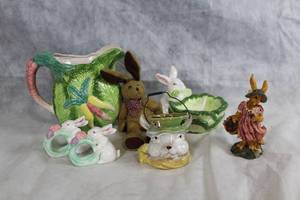 lot 187Y image: Set of Bunny-Themed Ceramic and Plush Collectibles