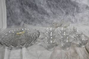 lot A-189Y image: Elegant Crystal Punch Bowl Set with 8 Etched Cups and Creamer & Sugar Dish