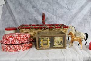 lot 198 image: Vintage Kitchen and Decor Collection with Basket, Biscuit Tin, Toy Horses, and More