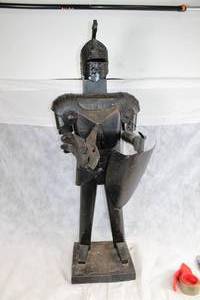 lot A-199 image: Metal Armor Knight Statue with Shield and Axe