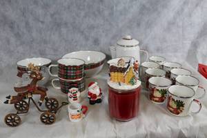 lot 204 image: Set of Christmas Themed Dinnerware and Decor with Reindeer Ornament