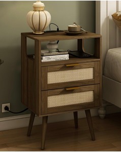 lot 166 image: Veegal Nightstand with Charging Station - Walnut Brown