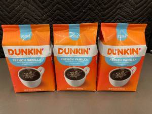 lot 37 image: ID 3 - Set of 3 Dunkin French Vanilla Ground Coffee 18 oz Bags