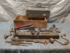 lot 19 image: Vintage Hand Tool Collection with Drill Bits and Toolboxes