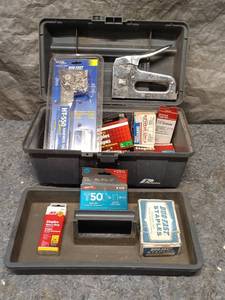 lot 55 image: Hand Stapler, Hammer Tacker, and Staple Collection in Toolbox