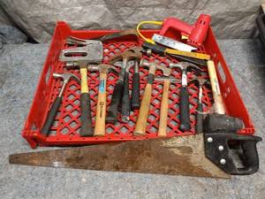 lot 75 image: Assorted Hand Tools Including Hammers, Mallet, and Saw