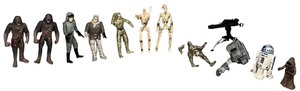 lot 214 image: Star Wars Action Figures - Qty 12 - R2-D2  Jawa  Battle Droid (Naked C-3PO)  Battle Droid (Naked C-3PO)  Star Wars Basic Figure 2-Pack Han Solo (Mimban) & Chewbacca (Mimban)  C-3PO   Action Figures