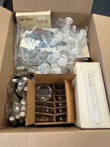 lot 9 image: Assorted Science BOX - $100 Retail Value - Goggles, Watch Glasses, Culture Tubes, Cap Jars, Volumetric Flasks