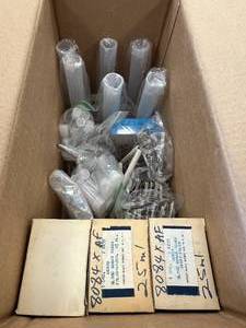 lot 11 image: Assorted Science BOX - $100 Retail Value - Filter Paper, Graduated Cylinders, Clamps, Vials, Test Tubes, Lab Gas Valve
