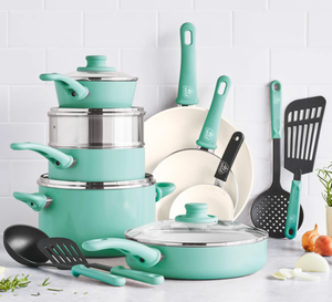 lot 210 image: Soft Grip 15-Piece Cookware Set, Turquoise