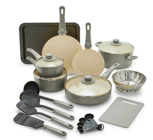 lot 225 image: GreenLife 18-Piece Soft Grip Toxin-Free Healthy Ceramic Non-Stick Cookware Set, Gray, Dishwasher Safe