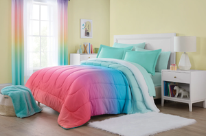 lot 402 image: Your Zone 7 Piece Rainbow Ombre Polyester Bedding Set for Girls, Full