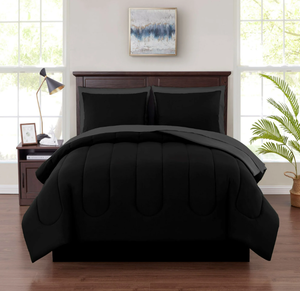 lot 403 image: Mainstays 7 Piece Reversible Bed in a Bag Comforter Set with Sheets, Black, Queen