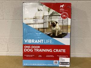 lot 446 image: Vibrant Life Single-Door Folding Dog Crate with Divider