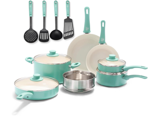 lot 35 image: 15PCS GreenLife Soft Grip Healthy Ceramic Nonstick, Cookware Pots and Pans Set