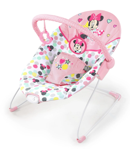 lot 161 image: Disney Baby Slip Resistant Vibrating Infant Baby Bouncer, Minnie Mouse Spotty Dotty by Bright Starts