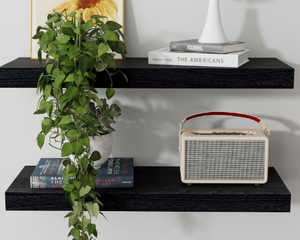 lot 340 image: Axeman Floating Shelves, 2 Pack 8 Inch Deep Modern Solid Wood Wall Shelves for Storage, Wall Mounted Display Shelving with Invisible Heavy-Duty Metal Bracket, 24 W x 8 D x 1.6 H, Distressed Black