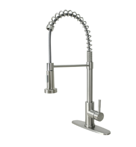 lot 349 image: Better Homes & Gardens Elmont Single-Handle Spring Neck Pull Down Sprayer Kitchen Faucet, Satin Nickel