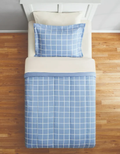 lot 422 image: Mainstays 5-Piece Reversible Bed in a Bag Comforter Set with Sheets, Blue Checker, Twin-XL