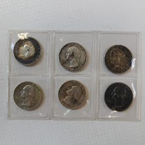 lot 33 image: 6 TOTAL 1964 OR BEFORE SILVER QUARTERS