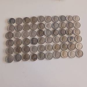 lot 36 image: 100 TOTAL ROOSEVELT DIMES  90% SILVER  IN VARIOUS CONDTIONS  10 DOLLARS FACE