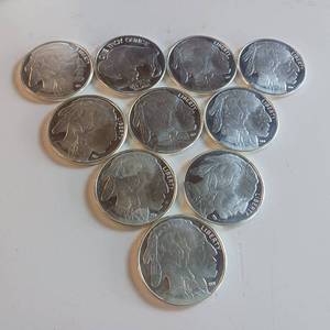 lot 38 image: 10 TOTAL ONE OUNCE BULLION PYRAMID IN A CASE - .999 SILVER, TAX EXEMPT  FAMOUS INDIAN HEAD MOTIFF