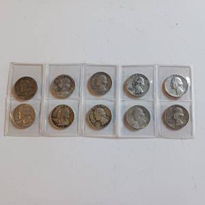 lot 41 image: 10 TOTAL 1964 AND BEFORE SILVER QUARTERS  IN VARIOUS CONDITIONS