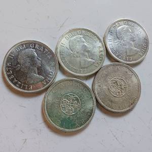 lot 43 image: ELIZABETH II DEI GRATIA REGINA  CANADA SILVER DOLLARS  - 5 TOTAL PIECES