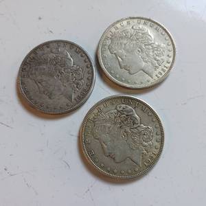 lot 45 image: MORGAN SILVER DOLLARS  COLLECTION OF 3 VARIOUS YEARS  1882 & 2  1921
