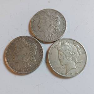 lot 46 image: 3 coin mixed lot  2 MORGAN SILVER DOLLARS  1921 and a PEACE DOLLAR 1925