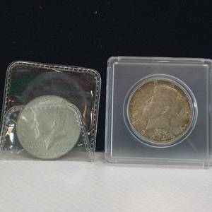 lot 53 image: 2 KENNEDY HALF DOLLARS  ONE FROM 1964, THE OTHER FROM 1965