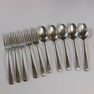 lot 82 image: 10 PIECE COLLECTION OF MISC. SOLID STERLING SILVER FLATWARE  5 SPOONS AND 5 FORKS   TOTAL WEIGHT OF 482.1 GRAMS