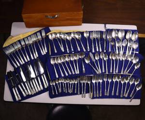 MONUMENTAL SET OF STERLING SILVER FLATWARE :: Total weight of 3,354 GRAMS!  DINNER FORKS  SOUP SPOONS   LARGE SPOONS  DINNER KNIVES