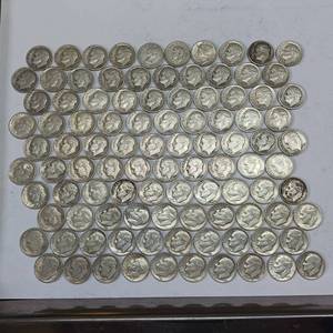 lot 94 image: 10 DOLLARS FACE  PRE-1965 SILVER DIMES  YEARS AS SEEN ON IMAGE  MIX CANADIAN  ROOSEVELT  MERCURY (MOSTLY ROOSEVELT)  100 DIMES