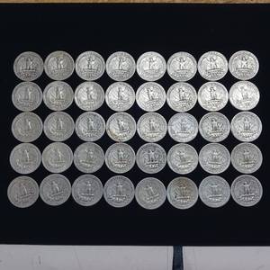 lot 95 image: 10 DOLLARS FACE  PRE-1965 WASHINGTON QUARTERS MIX  YEARS AS SEEN ON IMAGE   40 QUARTERS TOTAL