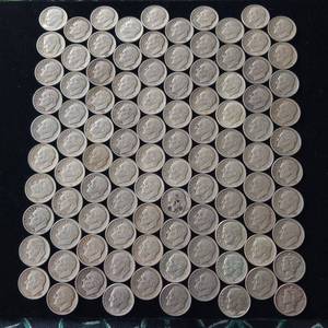 lot 97 image: 10 DOLLARS FACE  PRE-1965 SILVER DIMES  YEARS AS SEEN ON IMAGE  MIX (MOSTLY ROOSEVELT)  100 DIMES TOTAL