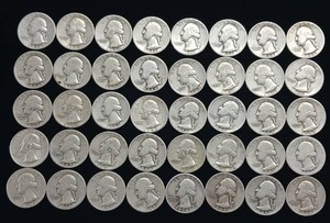 lot 98 image: 10 DOLLARS FACE  PRE-1965 WASHINGTON QUARTERS MIX  YEARS AS SEEN ON IMAGE   40 QUARTERS TOTAL