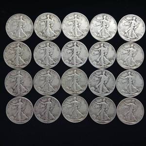 lot 99 image: 1941-1946 10 DOLLARS FACE  90% SILVER WALKING LIBERTY HALF DOLLARS  YEARS AS SEEN ON IMAGE   20 HALF DOLLARS TOTAL