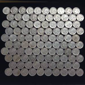 lot 100 image: 10 DOLLARS FACE  PRE-1965 SILVER DIMES  YEARS AS SEEN ON IMAGE  MIX (MOSTLY ROOSEVELT)  100 DIMES TOTAL