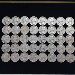 lot 101 image: 10 DOLLARS FACE  PRE-1965 WASHINGTON QUARTERS MIX  YEARS AS SEEN ON IMAGE   40 QUARTERS TOTAL