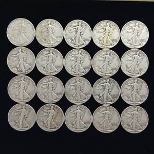 lot 102 image: 1941-1945 10 DOLLARS FACE  90% SILVER WALKING LIBERTY HALF DOLLARS  YEARS AS SEEN ON IMAGE   20 HALF DOLLARS TOTAL