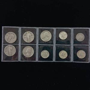 lot 103 image: NICE MIX OF PRE-1965 90% SILVER COINS  SEE IMAGE FOR YEARS  BARBER AND WASHING QUARTERS  MERCURY DIMES