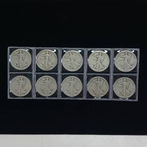 lot 105 image: 1917-1929  5 DOLLARS FACE  90% SILVER WALKING LIBERTY HALF DOLLARS  YEARS AS SEEN ON IMAGE   10 HALF DOLLARS TOTAL