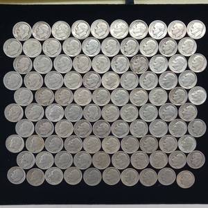 lot 104 image: 10 DOLLARS FACE  PRE-1965 SILVER DIMES  YEARS AS SEEN ON IMAGE  MIX (MOSTLY ROOSEVELT)  100 DIMES TOTAL