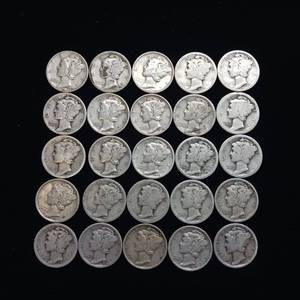 lot 106 image: 25 COUNT  MERCURY DIMES  90% SILVER COLLECTIBLES
