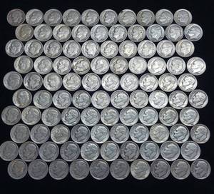 lot 107 image: 10 DOLLARS FACE  PRE-1965 SILVER DIMES  YEARS AS SEEN ON IMAGE  MIX (MOSTLY ROOSEVELT)  100 DIMES TOTAL
