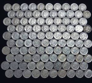 lot 108 image: 10 DOLLARS FACE  PRE-1965 SILVER DIMES  YEARS AS SEEN ON IMAGE  MIX (MOSTLY ROOSEVELT)  100 DIMES TOTAL
