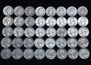 lot 109 image: 10 DOLLARS FACE  PRE-1965 WASHINGTON QUARTERS MIX  YEARS AS SEEN ON IMAGE MIXED DATES   40 QUARTERS TOTAL